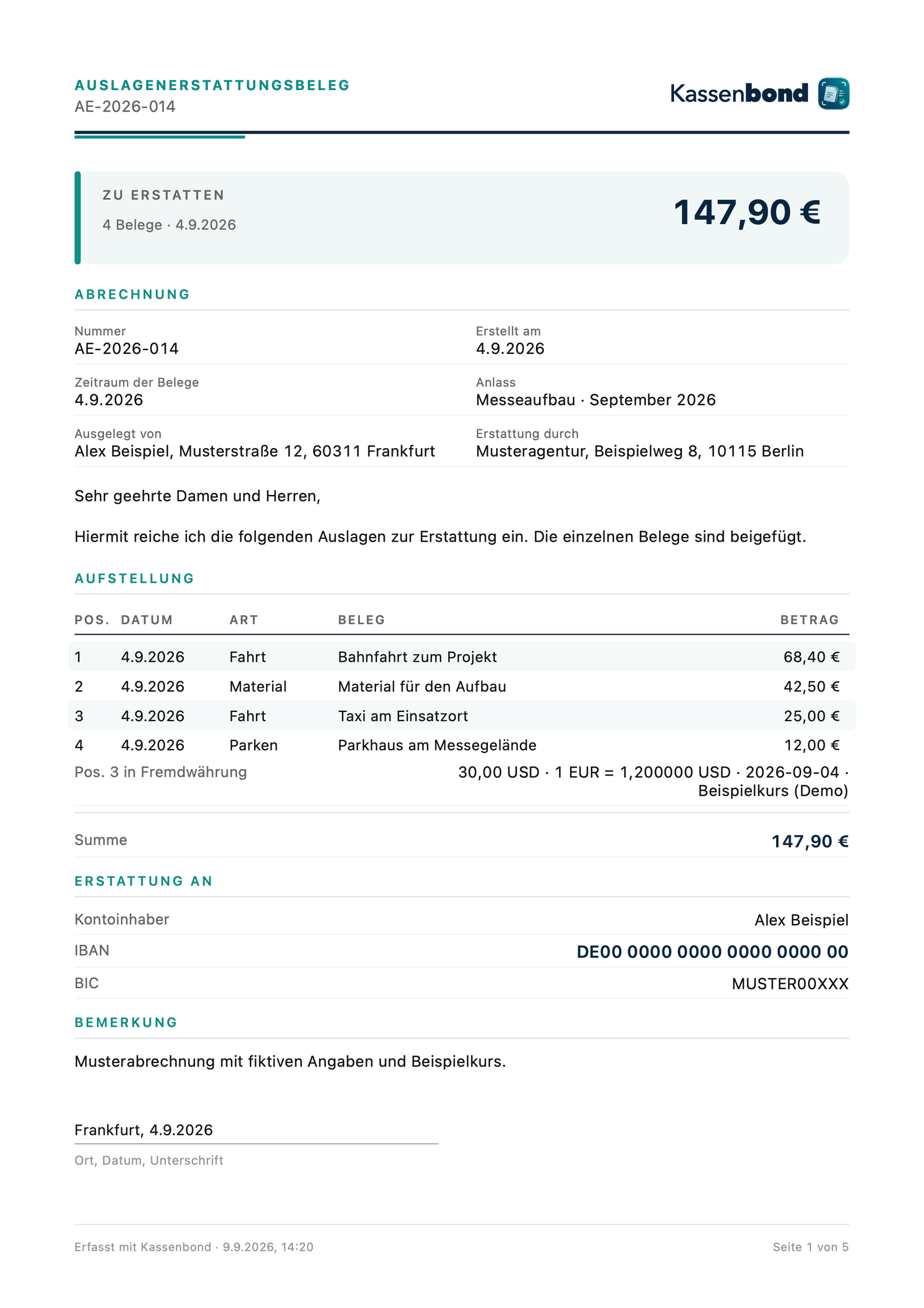 Auslagenerstattungsbeleg mit vier Positionen über 147,90 Euro und Umrechnung von 30 US-Dollar in 25 Euro.
