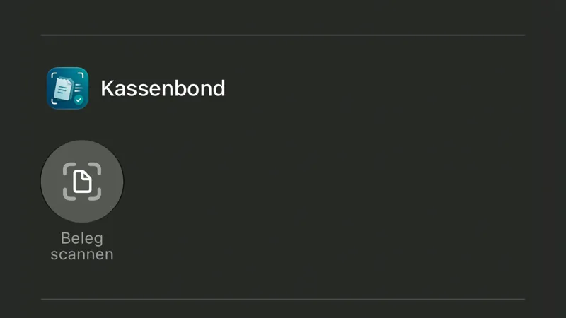 Die Steuerelemente-Galerie von iOS mit dem Eintrag Kassenbond „Beleg scannen“.