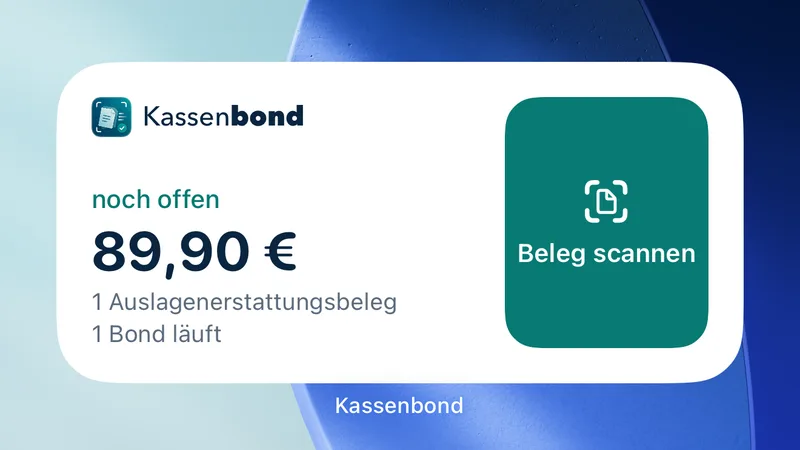 Widget „Noch offen“ auf dem Home-Bildschirm: 89,90 € noch offen, ein Auslagenerstattungsbeleg, ein Bond läuft, daneben der Knopf „Beleg scannen“.
